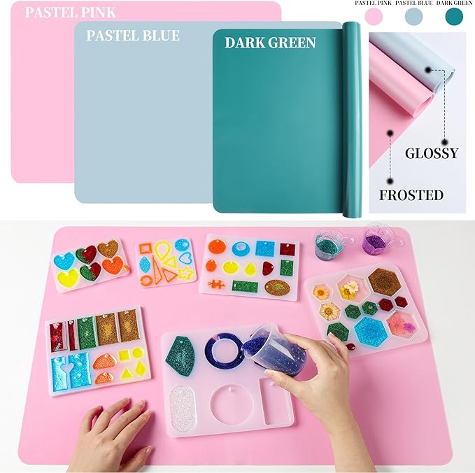 LEOBRO Silicone Mat for Crafts, 3 PCS 23.4” x 15.6” Large Silicone Mats, Play Dough Mat, Craft Mats for Resin Molds, Clay, Jewelry Making, Sculpture Casting, Pastel Pink & Dark Green & Pastel Blue