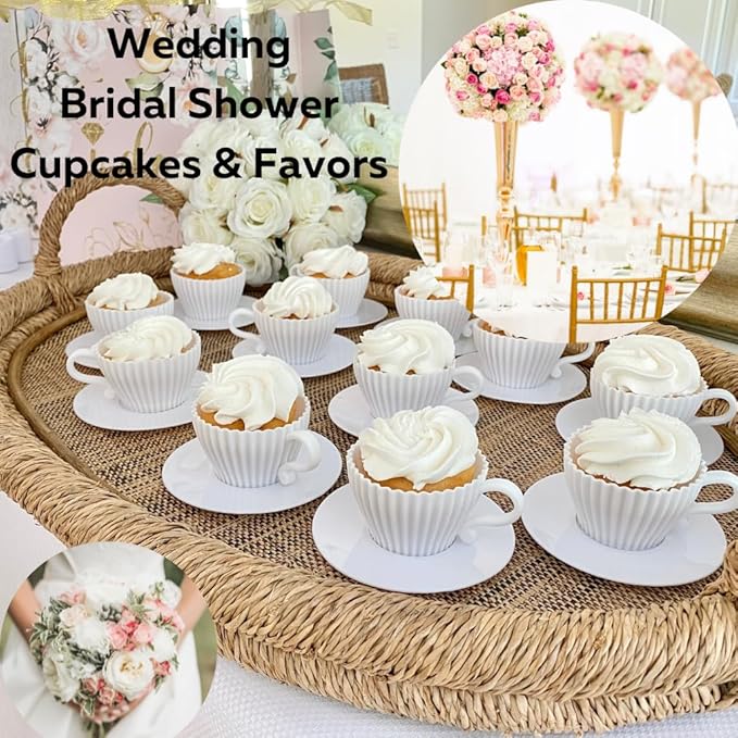 Evelots Baking Cupcake Molds - Silicone Teacup Set - 12 Pc Set - Oven-Safe - Nonstick - Muffin Cups for Bridal/Baby Shower, Birthday/Tea Party - 6 Cups & 6 Saucers - BPA Free