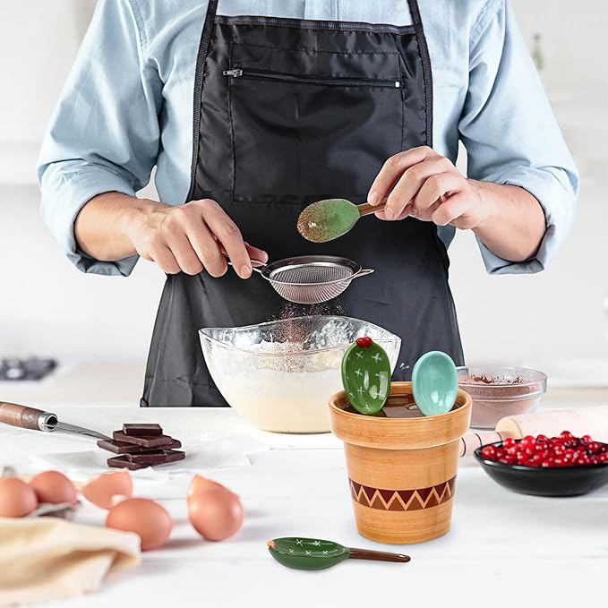 5 Pieces Measuring Spoons Set/Ceramics Spoons and Measuring Base Cup/for Dry and Liquid Ingredient, Cute Cactus Shape (Wave base)