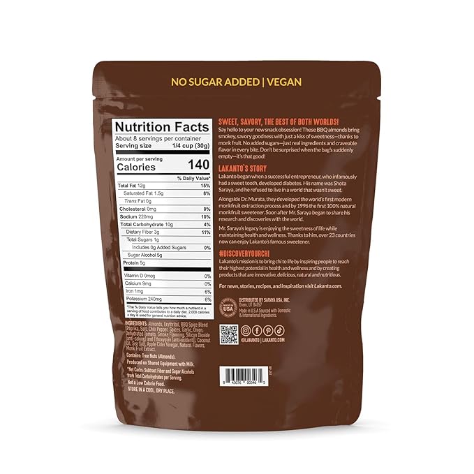 Lakanto Sweet and Savory Smokey BBQ Almonds - On the Go Snack, Smoky Barbecue Seasoning, Gluten Free, Protein, Crunchy Roasted, Monk Fruit, Resealable Bag (8 oz)