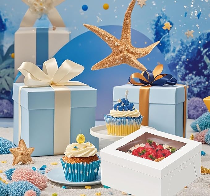YYaaloa 10x10x8 Cake Boxes with Boards Sets 10 Inch with Window Clear Bakery Dessert Box Square White Disposable Bakery Box for Cakes Pastries Chocolates Cookies Pie Birthday Party Wedding (6)