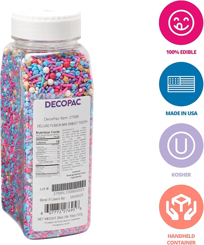 DECOPAC Sweet Tooth Deluxe Fusion Mix, 26oz, Fancy Candy Sprinkles in Handheld Container, Edible Sprinkles For Celebration Cakes, Cupcakes, Cookies and Donuts, Multicolored - Pink, Purple, Blue