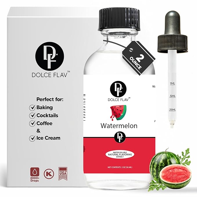 Dolce Flav Natural Watermelon Flavoring – Sweet, Juicy Summer Fruit Taste | 2 oz Extract for Baking, Drinks & Frozen Treats | Graduated Dropper Included | Water-Soluble | Kosher | Made in USA
