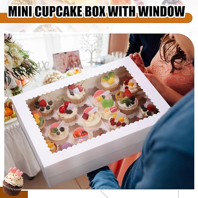 5 Pack 35 Count Cupcake Boxes, Mini Cupcake Containers, 16.9 x 13 x 4 Inch White Disposable Bakery Boxes with Window and Inserts for Birthday Holiday Party Bakery Desserts