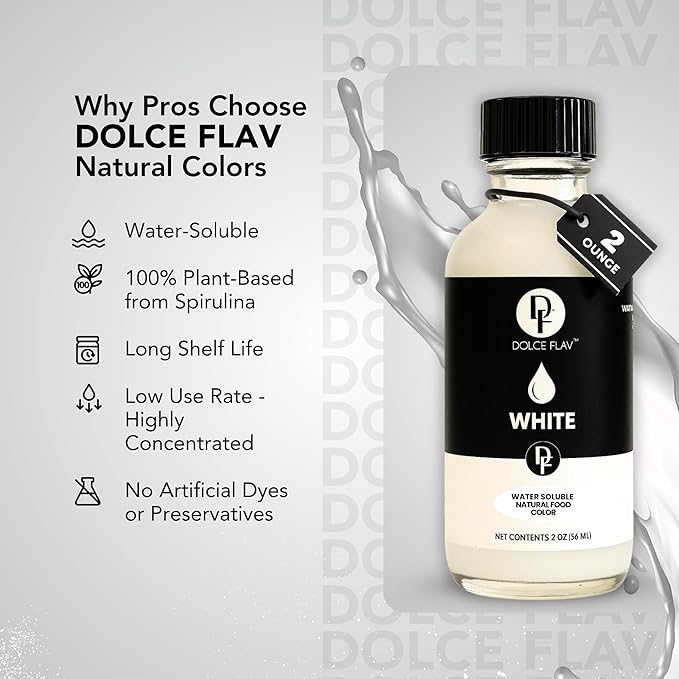 Dolce Flav Natural White Food Coloring – 2 oz Liquid Whitening Dye from Palm Oil with Graduated Dropper | Water-Soluble | For Frostings, Fillings & Beverages | Kosher | Made in USA