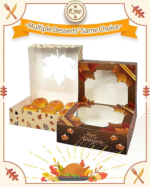 qiqee Thanksgiving Auto-pop up Cookie Boxes with Window 12packs 8x8x2.5 Inch Bakery Box Pastry Box for Thanksgiving