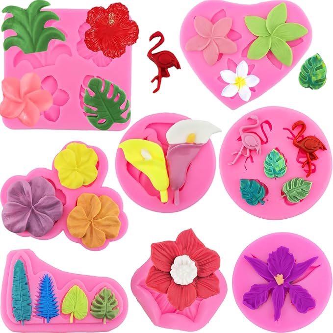 8Pcs Tropical Flowers Leaves Mold, Flower Silicone Chocolate Mold Plumeria Hibiscus Flower Monstera Palm Leaves Fondant Molds for Chocolate Candy Gum Paste Hawaiian Party Baking Cakes Decorating