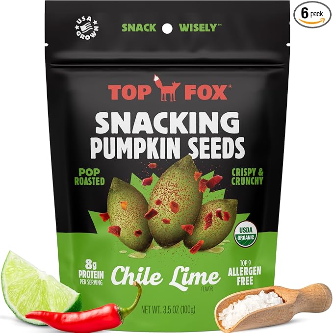 Top Fox Snacks Pumpkin Seeds to Eat (Chile Lime, 3.5 oz – 2 Pack) - Gluten Free Snacks, Healthy Protein Snacks, Keto Friendly Snacks, Allergen Free Snacks, Paleo & Vegan - Organic Pop-Roasted