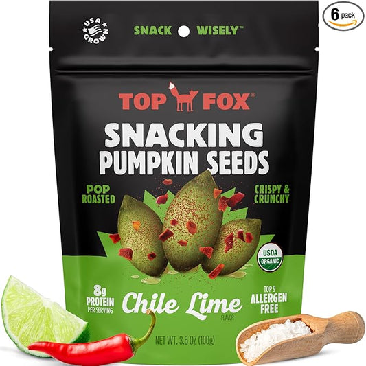 Top Fox Snacks Pumpkin Seeds to Eat (Chile Lime, 3.5 oz – 2 Pack) - Gluten Free Snacks, Healthy Protein Snacks, Keto Friendly Snacks, Allergen Free Snacks, Paleo & Vegan - Organic Pop-Roasted
