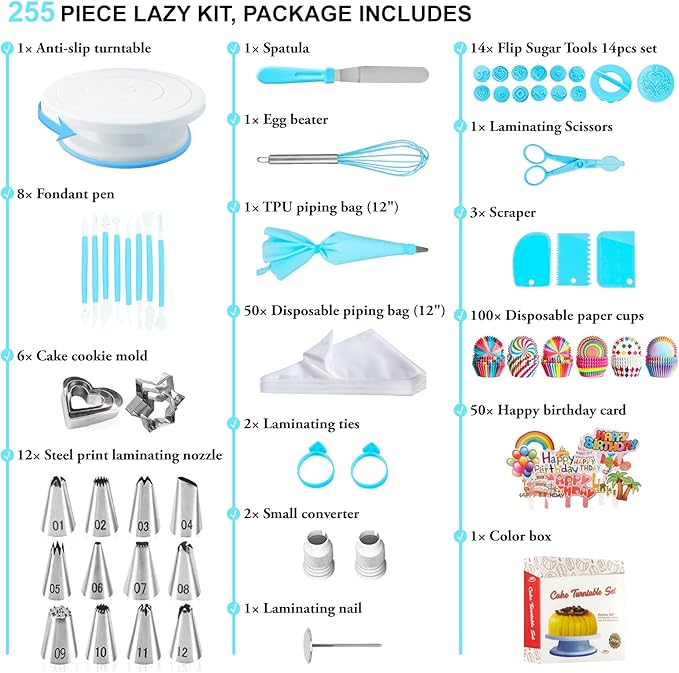 Cake Decorating Kit, 255PS, Round Opening, Cake Decorating Supplies, Piping Bags and Tips Set