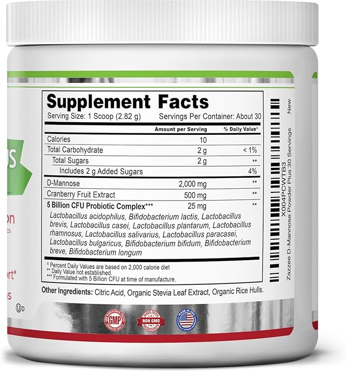 Zazzee D-Mannose Powder Plus, 2000 mg, 30 Servings, Potent & Fast-Acting, Plus 5 Billion CFU Probiotics and Pure Cranberry Juice Extract, Kosher, Free Scoop, 2.98 Oz, Gluten-Free, Non-GMO, All-Natural