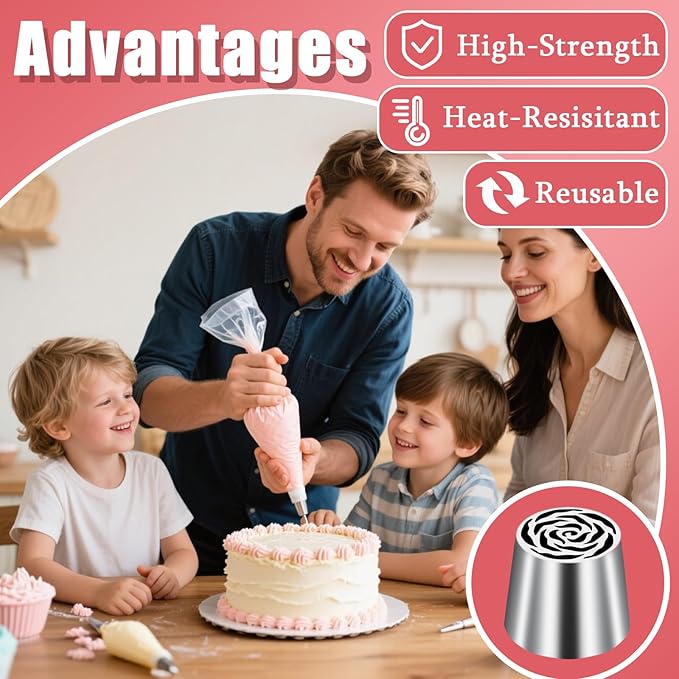 Extra Large Russian Piping Tip Stainless Steel Rose Floral Piping Nozzle Icing Piping Kit for Cake Decorating Flower Frosting Piping Pastry Cupcakes Cakes Cookies Desserts Baking Tool