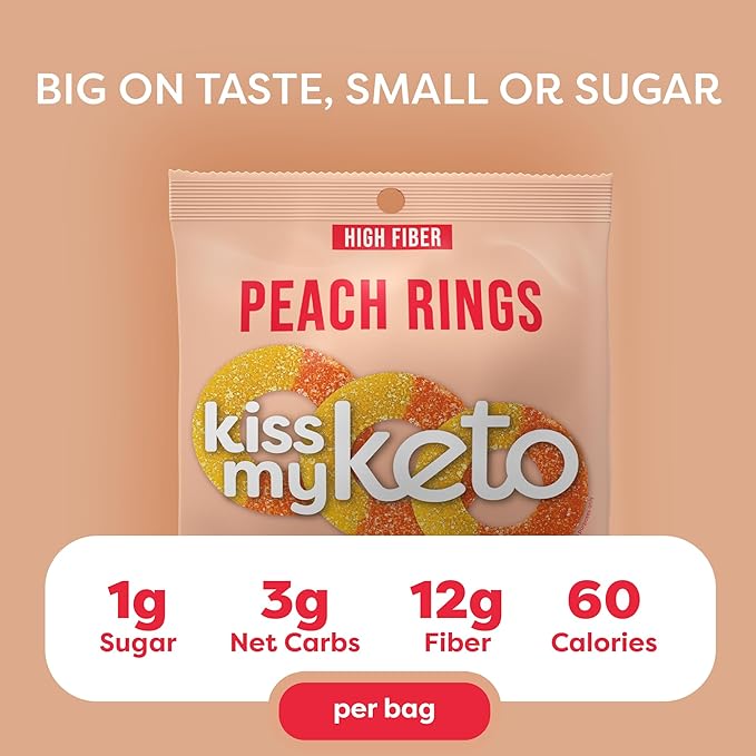 Kiss My Keto Sugar Free Gummies, Peach Rings 8-Pack – Satisfy Cravings while Staying in Ketosis – High Fiber, 3g Net Carbs, Non-GMO, Vegan, & No Gluten – Calorie-Friendly Vegan Candy
