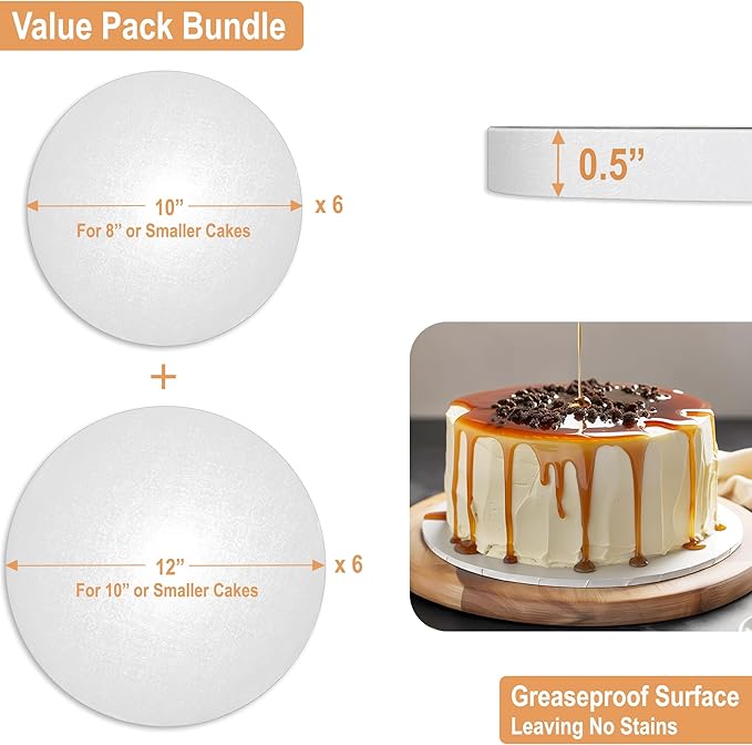 BOARDS+ Cake Drums 10 & 12 Inch (2 Sizes, 12 Pack Total) | 1/2" Thick Cake Rounds + Prop Up Tool Included | 0.5" Sturdy Circles, Seamless & Greaseproof For Presenting Heavy/ Tiered Cakes