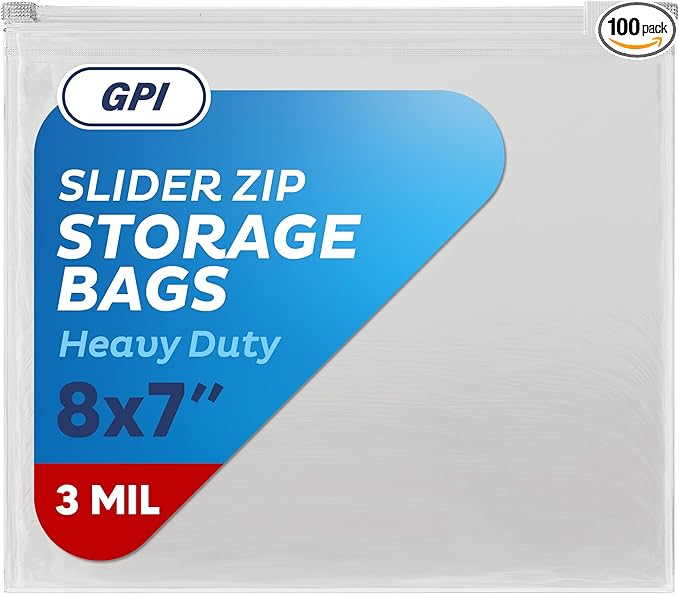 100 Count - Slider Zip Quart Food Storage Bags, 8" x 7" 3 Mil Heavy Duty, Strong & Durable For Freezer Storage, For Sandwiches, Snacks & More. GPI