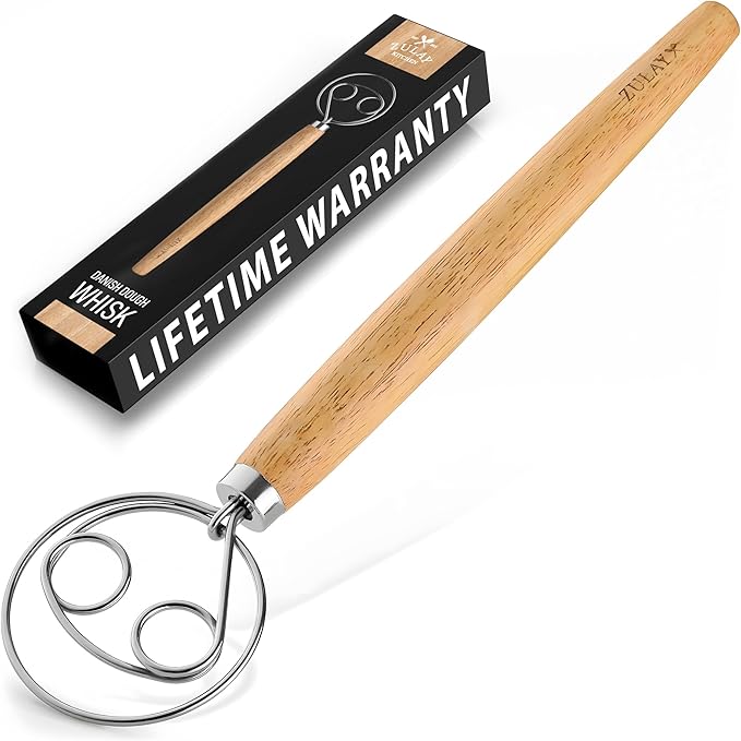 Zulay Kitchen Double-Eye 13" Danish Dough Whisk - Durable Easy Mixing Bread Whisk, Stainless Steel Sourdough Danish Hook, Sourdough For Mixing, Traditional Dutch Dough Mixer Tool - Rubberwood