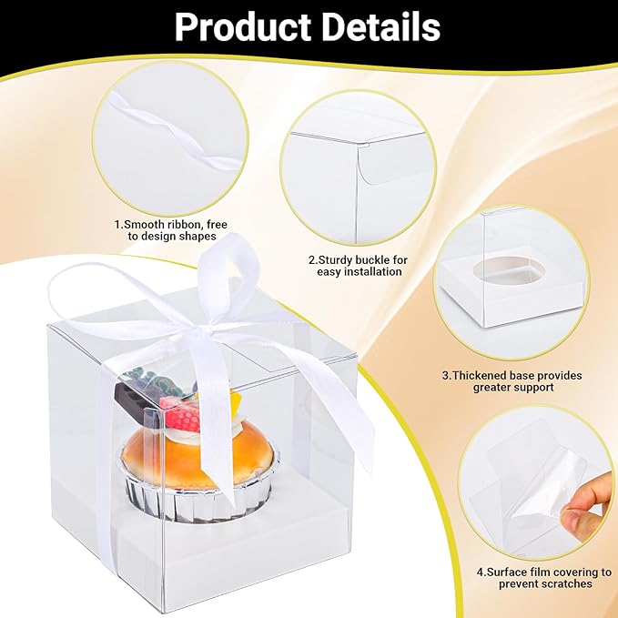 EUSOAR Plastic Individual Tall Cupcake Box, 12pcs 3.5 Inch White Clear Cupcake Wrappers, Single Transparent Cupcake Holder Carrier with Ribbon and Inserts for Wedding Anniversary Birthday Tea Party