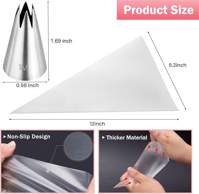 3 Pieces Large 1M Piping Tips, Piping Bags and Tips Set with 20 Disposable Piping Bags for Cake Decorating, Stainless Steel Open Star Piping Tips with Pastry Bags for Cupcakes Icing Frosting