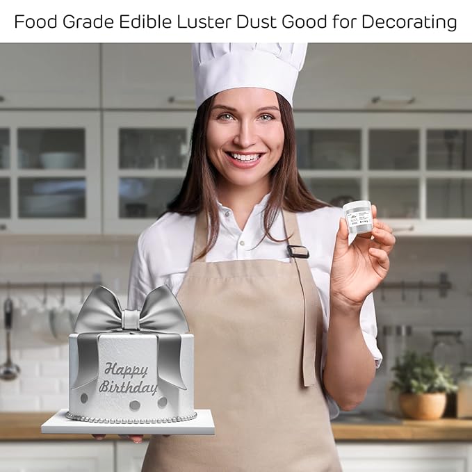 Silver Edible Luster Dust 10 Grams, Food Grade Cake Luster Dust Tasteless Dessert Dusting Powders for Baking Cherrysea Food Coloring Powder for Cupcakes, Cake Pops,Fondant,Chocolate, Candy