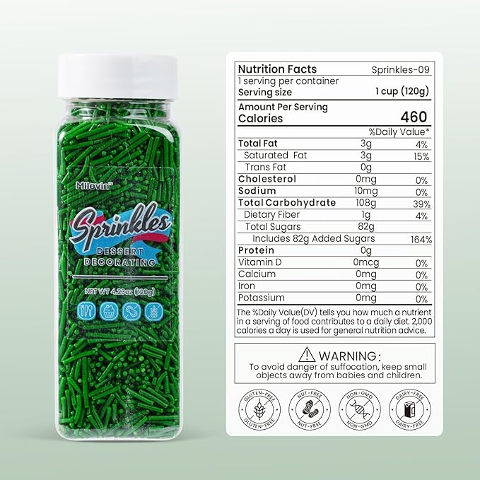 Edible Green Sprinkles, Jimmies Sprinkles, Green Sprinkle for Cupcake, Baking, Cake, Cookies, Donut, Perfect for Christmas, St. Patrick's Day, Spring Theme, and Easter(120g/4.23oz)