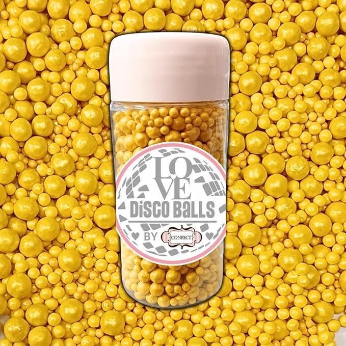 Confect Love Yellow Disco Ball Candy Sprinkles – Edible Decorative Sugar Pearls for Cake, Cupcake & Dessert Decorating | Vegan, Gluten-Free, Soy-Free, Dairy-Free, Palm Oil-Free – 4.2 Oz