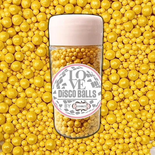 Confect Love Yellow Disco Ball Candy Sprinkles – Edible Decorative Sugar Pearls for Cake, Cupcake & Dessert Decorating | Vegan, Gluten-Free, Soy-Free, Dairy-Free, Palm Oil-Free – 4.2 Oz