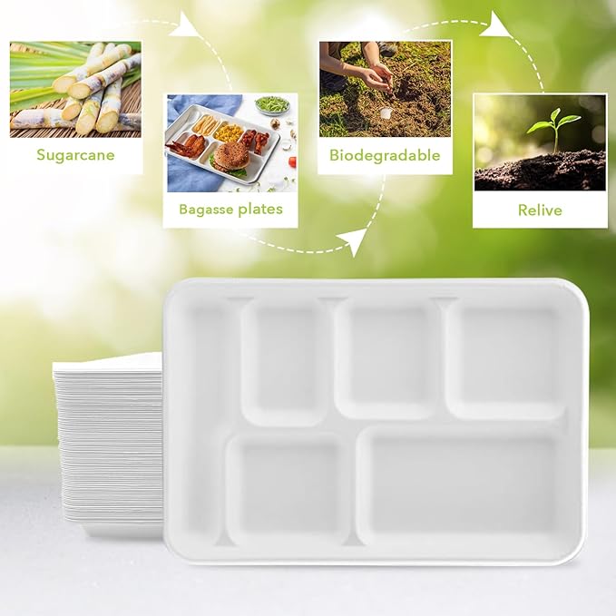 three leaf 6 COMPARTMENT BAGASSE TRAY 400 Ct. Heavy-Duty- Super Strong- Natural- Eco-Friendly Disposable Bagasse Plates, 100% Biodegradable 6 Compartment meal Plates