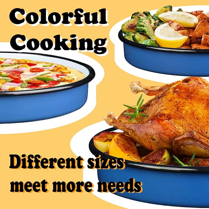 3-Pack Enamel Roasting & Baking Pan Set 10/12/14 Inch Round Deep Cake Pans for Turkey Pizza Casseroles Desserts Oven & Dishwasher High Temperature Resistance Thanksgiving Holiday Gifts & Baking Dishes