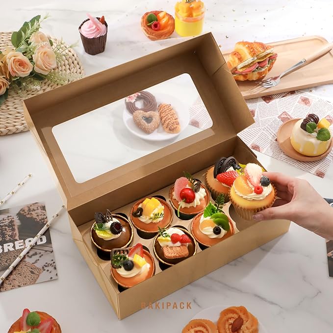 15 Cupcake Boxes 8 Count with Window and Inserts, Kraft Cupcake Containers, Cupcake Boxes for Cupcakes, Muffins, Cookies, Desserts