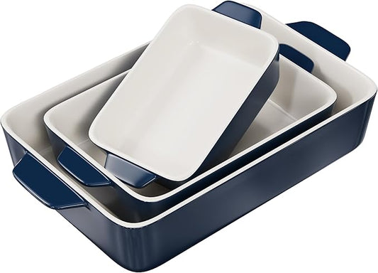 Kook Casserole Dish, Ceramic Baking Dish, Large Lasagna Pan Deep for Oven, 8.5 x 14, 11 x 7, 8 x 5, Set of 3, 92oz, 50oz, 20oz, Baking Pan with Handles, Oven Safe and Durable, Home, Gift, (Navy)