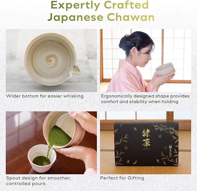 HIBINO Japanese Matcha Set | Matcha Bowl with Spout | Whisk & Holder | Bamboo Scoop & Stainless Sifter | 5-Piece Traditional Matcha Kit | Designed in Japan |「Rustic Beige」