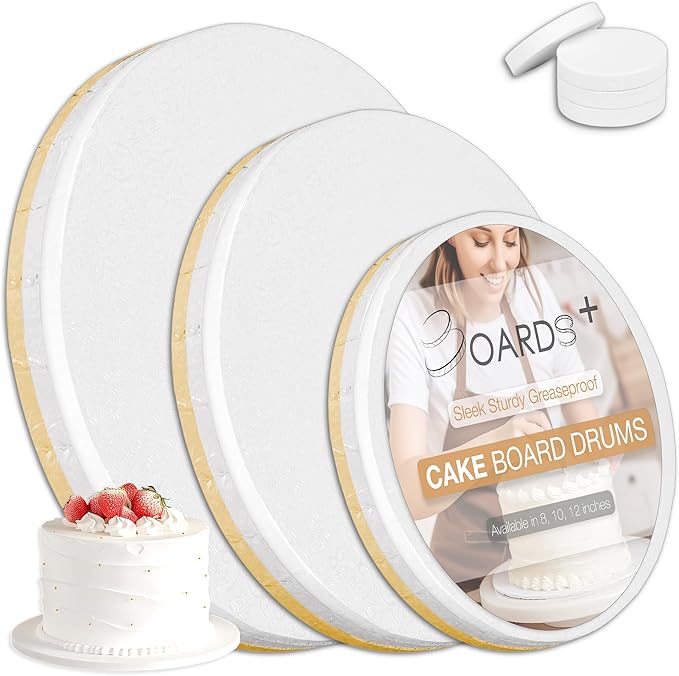 BOARDS+ 9 Pack Cake Drums 8, 10 & 12 Inch in White, Silver & Gold Color | 1/2" Thick CakeBoard Circle Rounds + Free Prop Up Tools | Fully Greaseproof, Sturdy for Heavy/Tiered Cakes