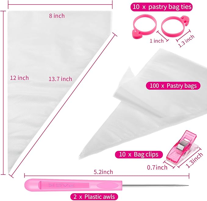 Patelai 122 Pcs Piping Bag Set with Disposable Tipless Piping Pastry Bags Ties Clips Awls Tool for Cakes Icing Scribe Cookie Decorating Supplies Christmas Halloween Decor(14 Inch,Pink)