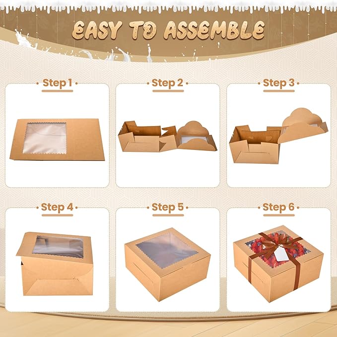32Pcs 10 Inch Cake Boxes with Cake Boards (16Pcs Brown Cake Boxes, 16Pcs Cake Boards), 10x10x5 Inch Bakery Boxes with Window, Cake Carrier Container for Birthday Party, Wedding