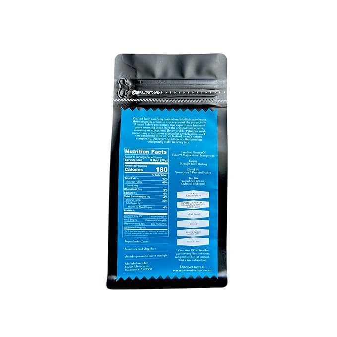 Cacao Adventures Raw Cacao Nibs Unsweetened, Made from Whole Cacao Beans, 10 oz – Wild Strains, Lab-Tested Low Heavy Metals | High Amazon Basin - Peru | Keto, Vegan, Gluten-Free Superfood | Crunchy Snack for Smoothies, Baking & Toppings