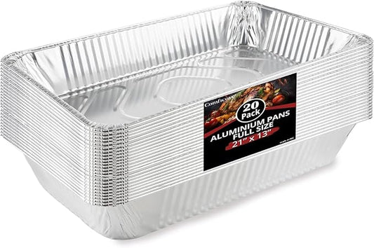 COMFICOVE Full Size Aluminum Foil Pans (20 Pack) — Heavy Duty Deep Steam Table Trays for Buffet, Catering, Baking, Roasting, Cooking BBQ Grilling, Baking Pan Trays