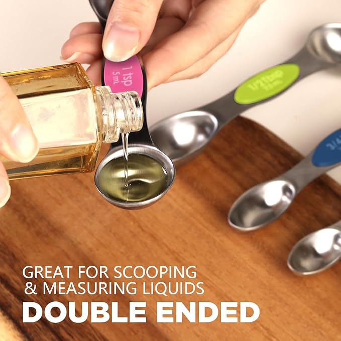 Pack of 8 Stainless Steel Magnetic Measuring Spoons Set, Dual Sided, Stackable, Adjustable Teaspoon and Tablespoon Measure Spoon with Leveler, Kitchen Gadgets