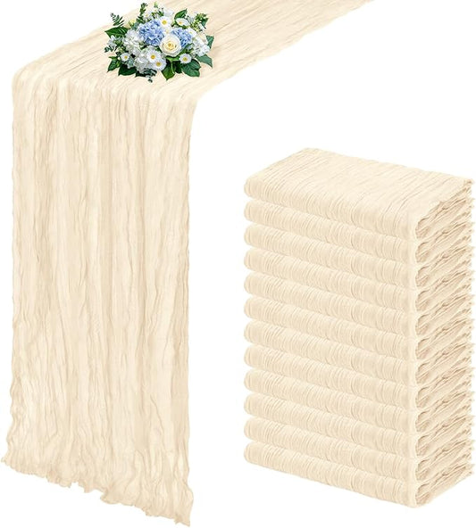 12 Pack Ivory Cheesecloth Table Runner 17x108 Inch Semi Sheer Boho Gauze Cheese Cloth Fabric Table Runners, for Wedding Party Baby Shower Birthday Home Decor Garden Farmhouse
