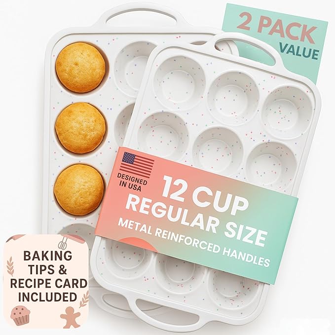 2 Pack Regular Muffin Pan - 12 Cup Silicone Muffin Pan for Baking with Metal Reinforced Frame - Regular Size Cupcake Pan, BPA Free Silicone Muffin Tray - Oven & Dishwasher Safe - Cream