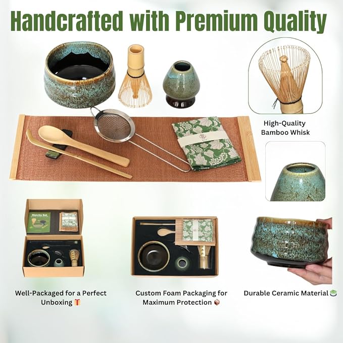 Annie & Mia Design Matcha Whisk Set (9pcs), Japanese Tea Matcha Set includes Ceramic Matcha Bowl, Bamboo Matcha Whisk(chasen), Ceramic Matcha Whisk holder, Bamboo Matcha Scoop (chashaku). Blue color
