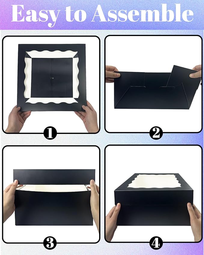 Bakepacker 12x12x8 Cake Box, 18 Sets Black Cake Box with Window ＆ 18 Sets 12" Cake Round Boards, 12inch Cake Containers, 10 Meters Silk Ribbon