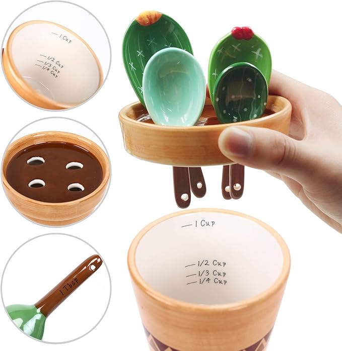 5 Pieces Measuring Spoons Set/Ceramics Spoons and Measuring Base Cup/for Dry and Liquid Ingredient, Cute Cactus Shape (Wave base)