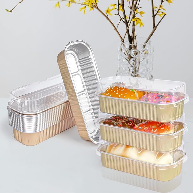 20PCS Rectangle Mini Loaf Pans with Lids,Mini Cake Pans with Lids,Disposable Ramekins Baking Cups Muffin Tins Cupcake Cups for Wedding Party Birthday,6.8oz (Champagne)
