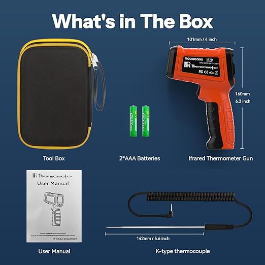 Infrared Thermometer Gun for Cooking, Include K-Type Probe for Humidity, -58°F to 1796° F Digital Laser Temperature Guns, 16:1 IR Temp Gun for Griddle, Pizza Oven, Engine, HVAC, Industrial & Home Use
