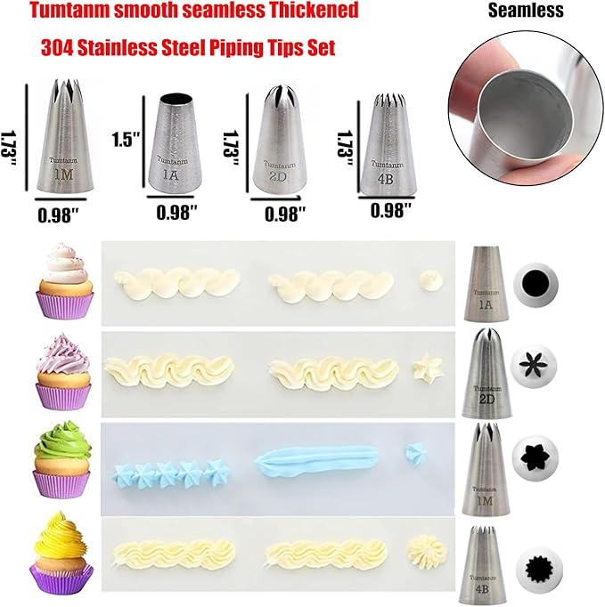 Professional Large Piping Nozzles, 4pcs Stainless Steel Seamless Icing Piping Nozzle Tip Set for Cakes, Cupcakes and Baking