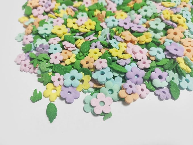 Edible Sugar Colorful Flowers Sprinkles Green Leaf Cake Cupcake Toppers Cookie Decorations Green Grass Sweet Dessert Sprinkle for Cake Decorating, 3.4 oz