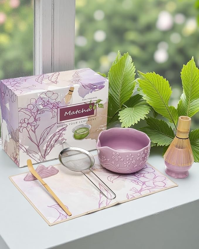 Matcha Whisk Set 9 Pcs – Matcha Bowl, Whisk, Sifter, Spoon, Gift Card ane Portable Carry Bag for Latte Travel,Gift for Matcha Lovers (Purple)