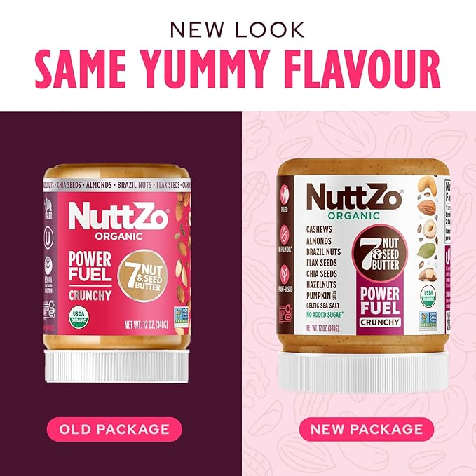 NuttZo Organic Power Fuel 7 Nuts and Seeds Butter, Crunchy, Paleo and Keto Friendly, Peanut and Gluten Free, Vegan, Kosher, No Added Sugar or Oil, 12 oz Jar