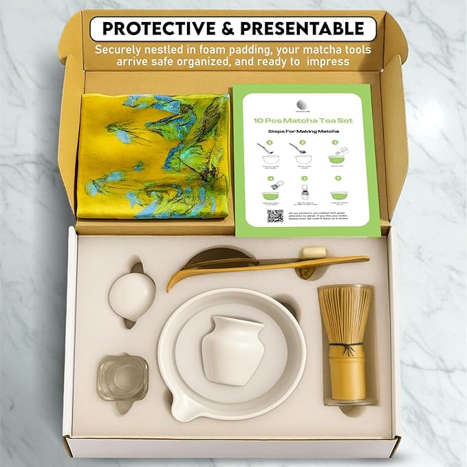10 Pcs Matcha Kit Set, Ceramic Matcha Set Includes 17oz Matcha Bowl, Bamboo Whisk and Scoop, Whisk Holder, Sifter, Scoop holder, Measuring Cup, Powder Caddy, Tea Towel and Instruction Manual (White)