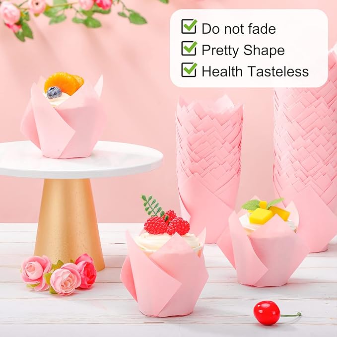 Jutom 200 Pack Tulip Cupcake Liners Paper Baking Cups Greaseproof Muffin Liners Grease Resistant Cupcake Wrappers for Weddings Birthday Cake Balls Muffins Candy Jelly Party(Pink)